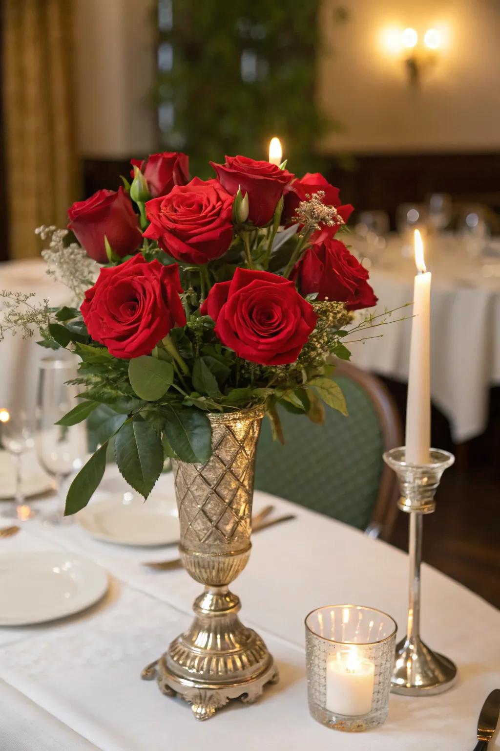 Elegant bouquet of classic crimson roses as a centerpiece.