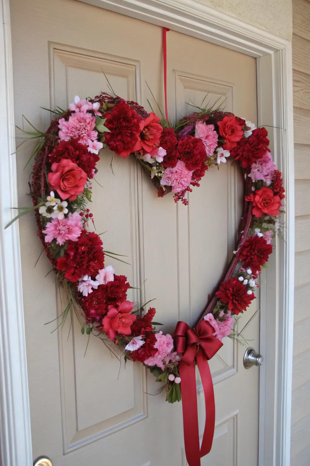 A vibrant heart-shaped wreath immediately sets the tone for Valentine's Day.