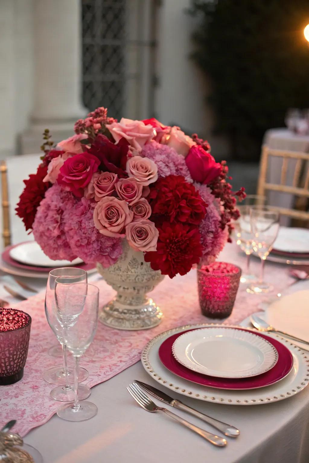 A beautiful ombré floral centerpiece that sets a romantic tone for dinner.