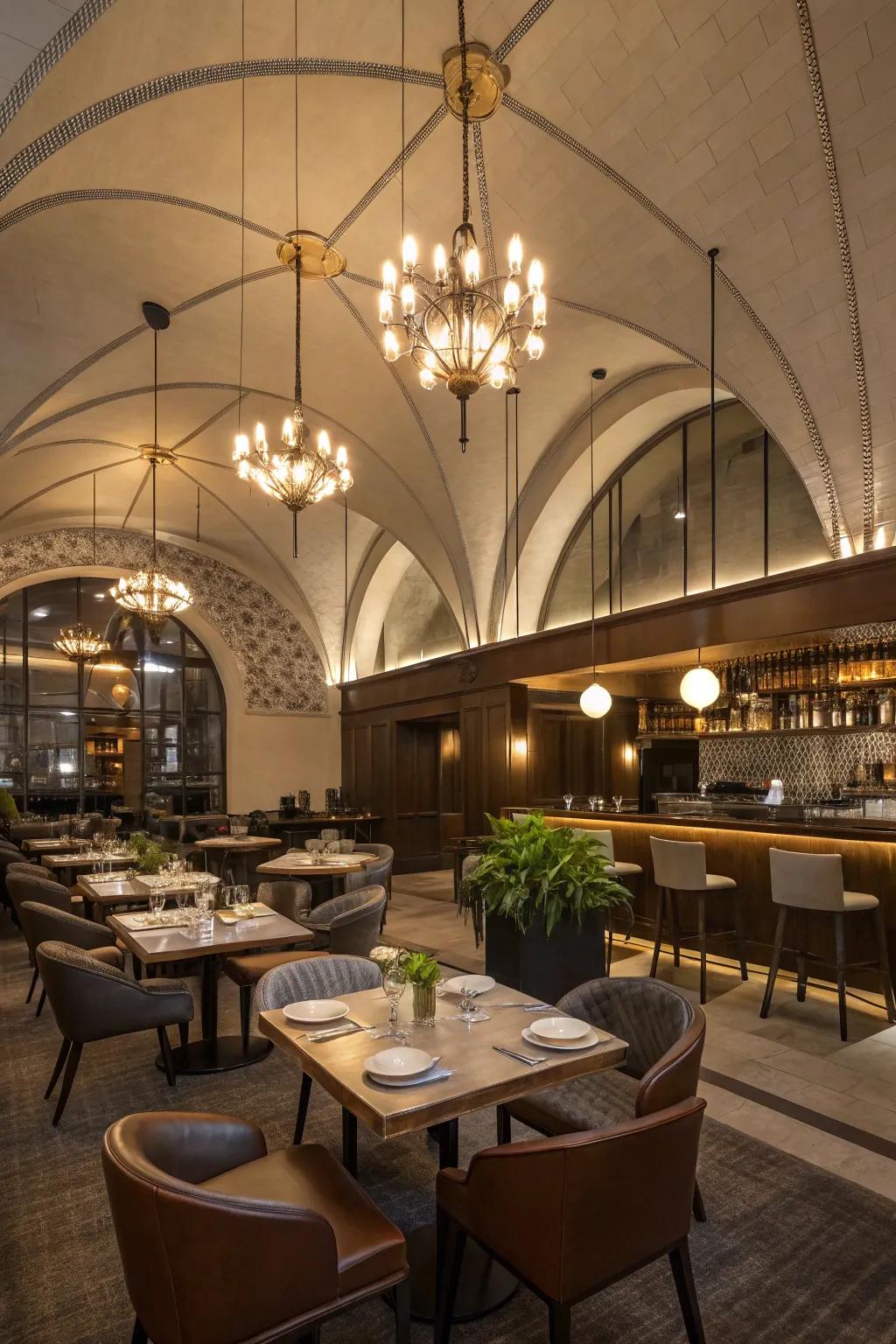 Pendant lights enhance elegance, guiding the eye toward the high ceiling.