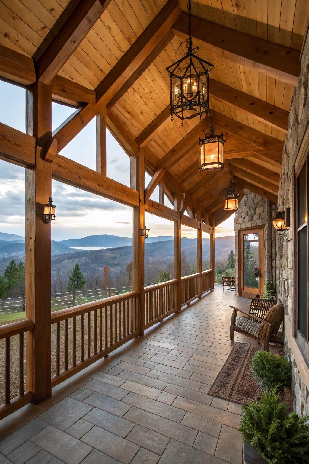 Showcase countryside charm with exposed wood beams on your porch ceiling.