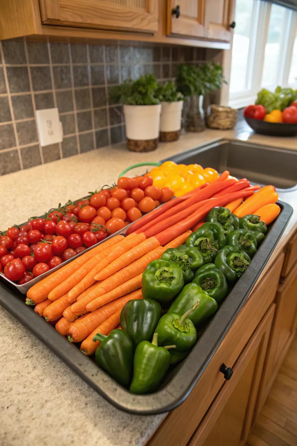 A rainbow-themed veggie platter arrangement.
