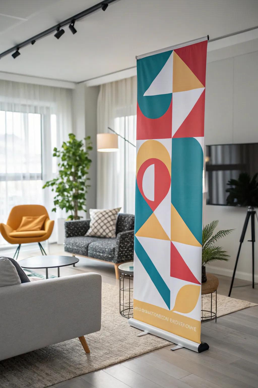 A geometric vertical banner enhances the modern charm of a living space.