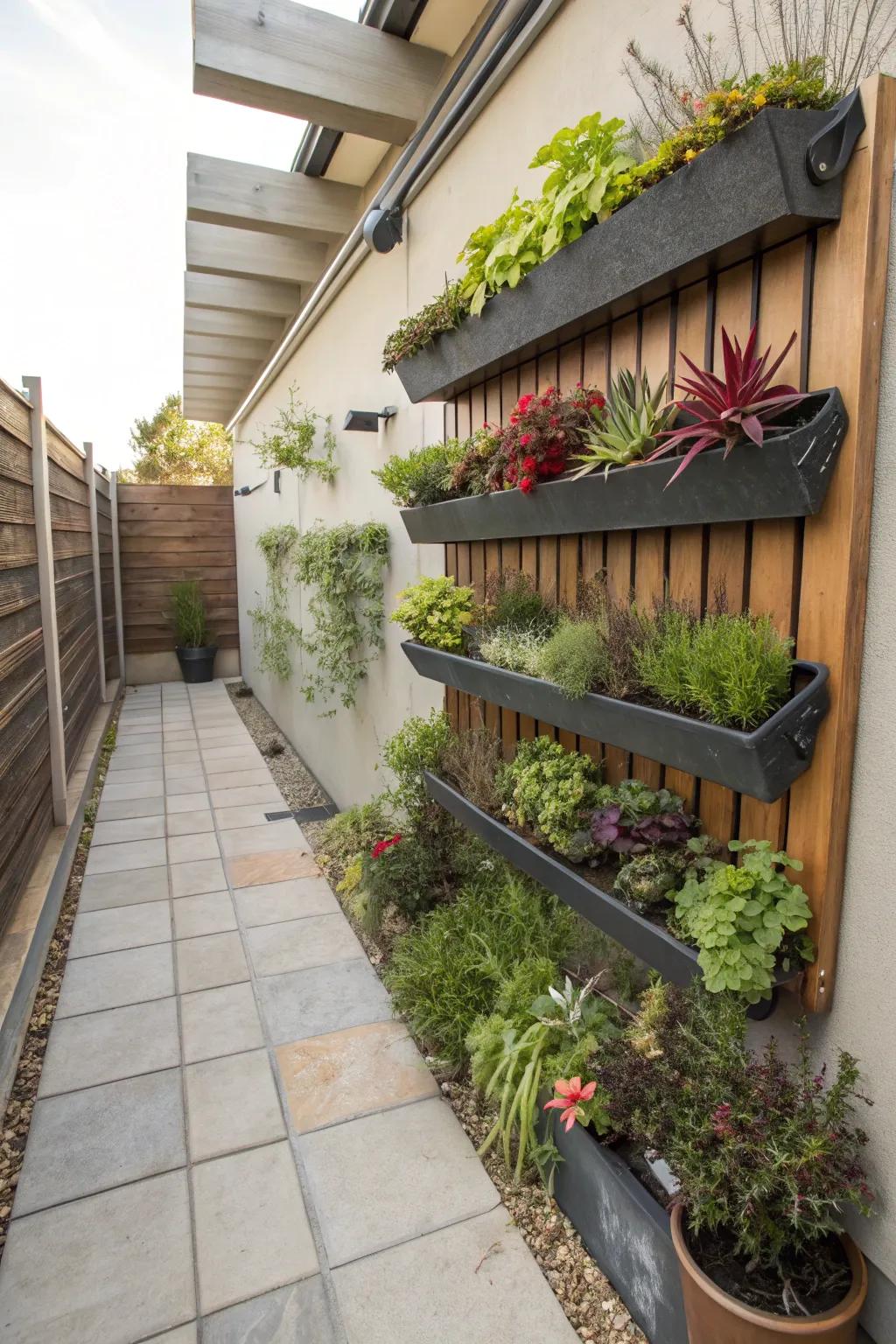 Vertical planters overflowing with herbs and succulents adorn a patio wall.