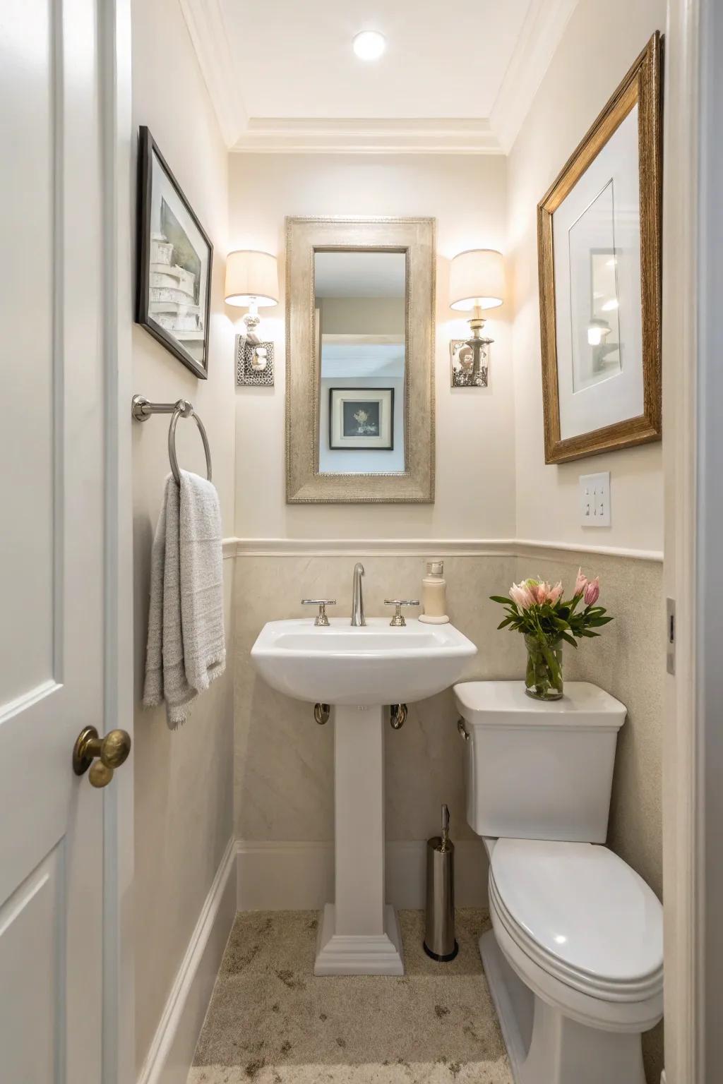 A wall-mounted sink maximizes space while adding style to a small bathroom.