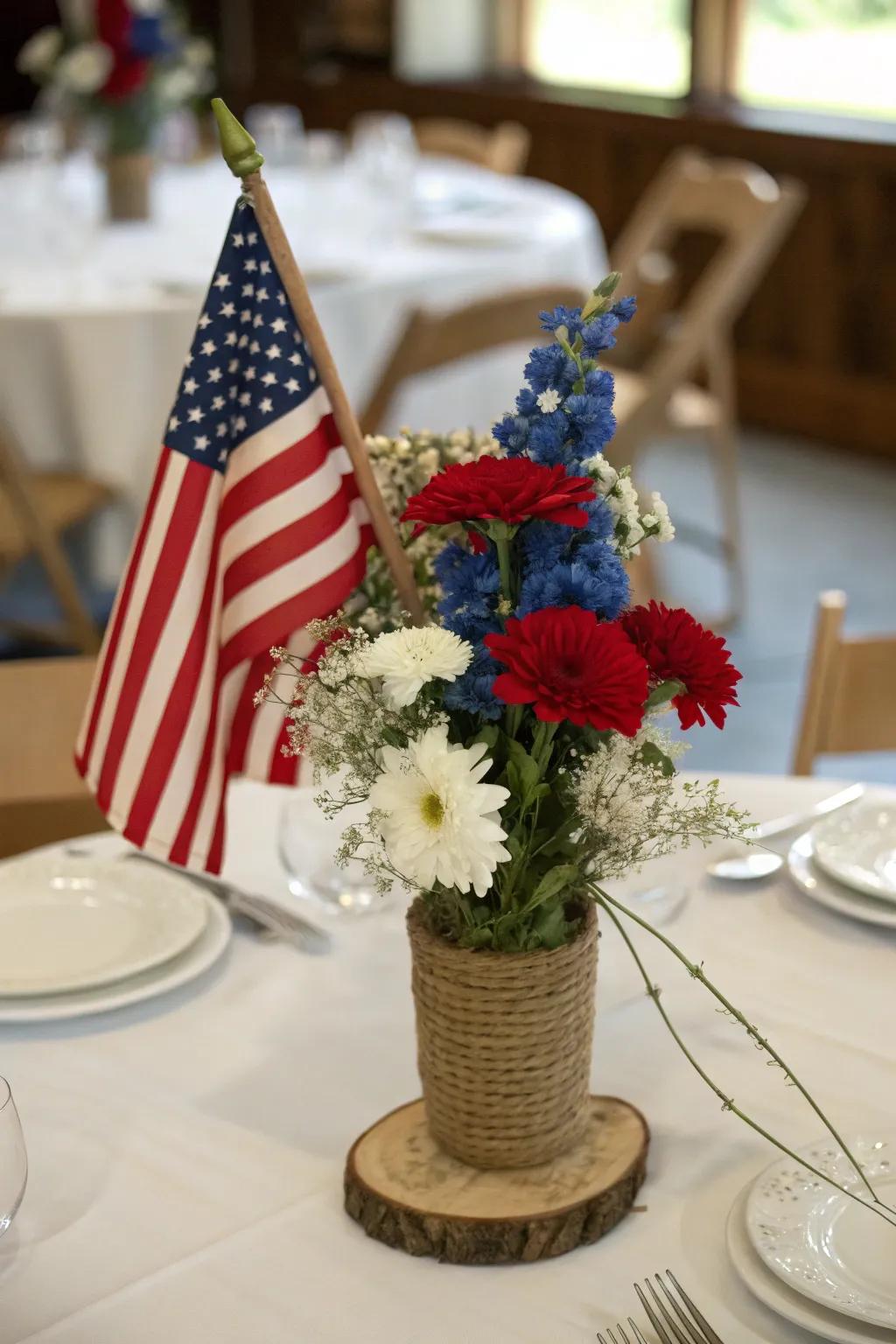 A traditional American flag centerpiece with a rustic feel.