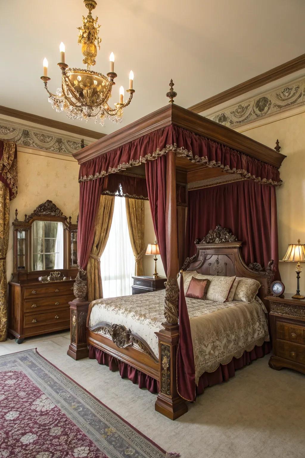 Lavish fabrics such as velvet and silk evoke a luxurious, vintage ambiance.