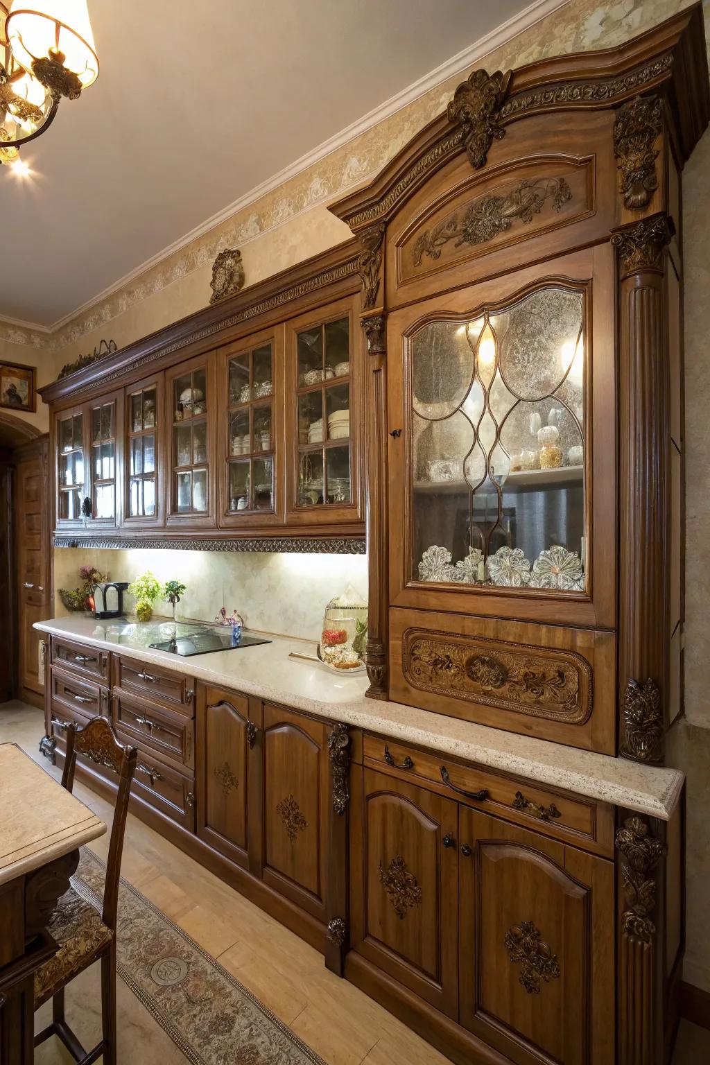 Elaborate cabinetry featuring complex features sets the stage for a Victorian kitchen area.