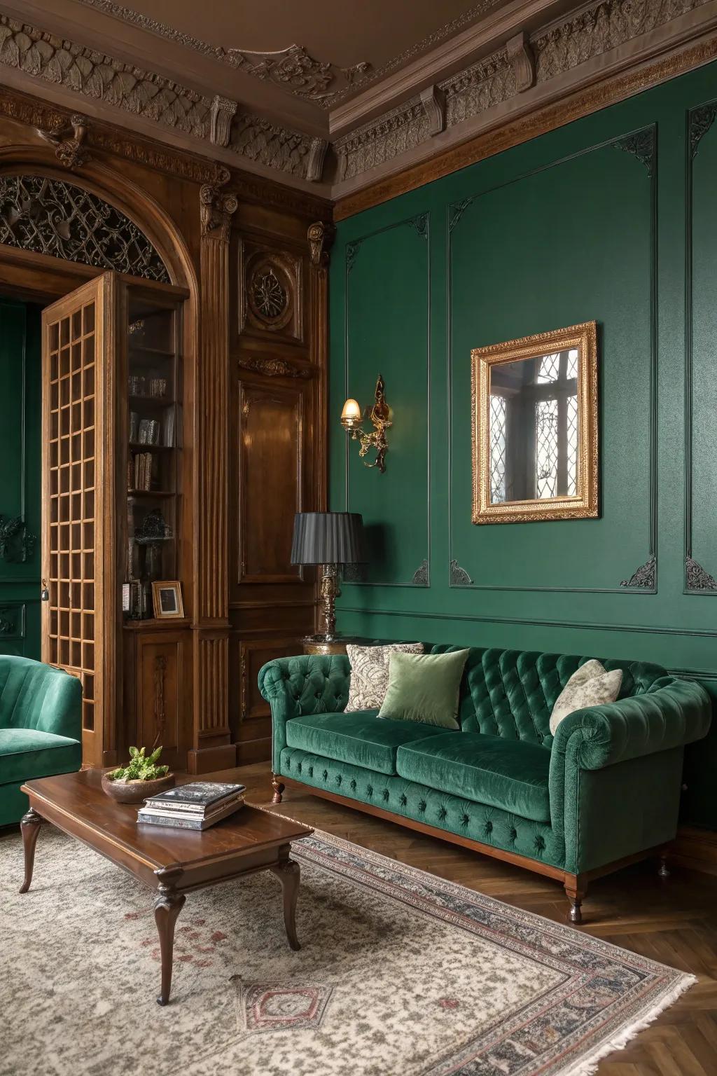 A sophisticated lounge area embellished with jade green walls and lavish furnishings.