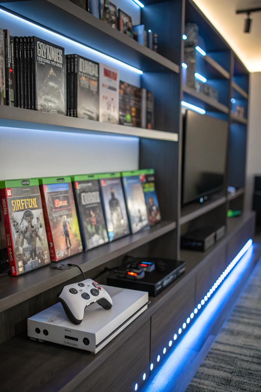 A game shelf illuminated with vibrant LED lights for a striking visual.