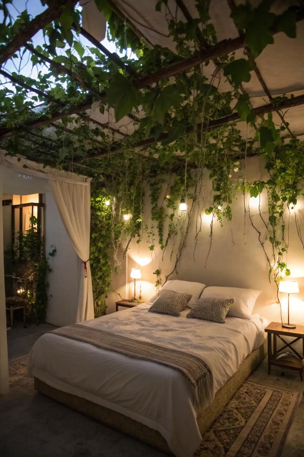 Design a serene getaway with an overhead vine design.