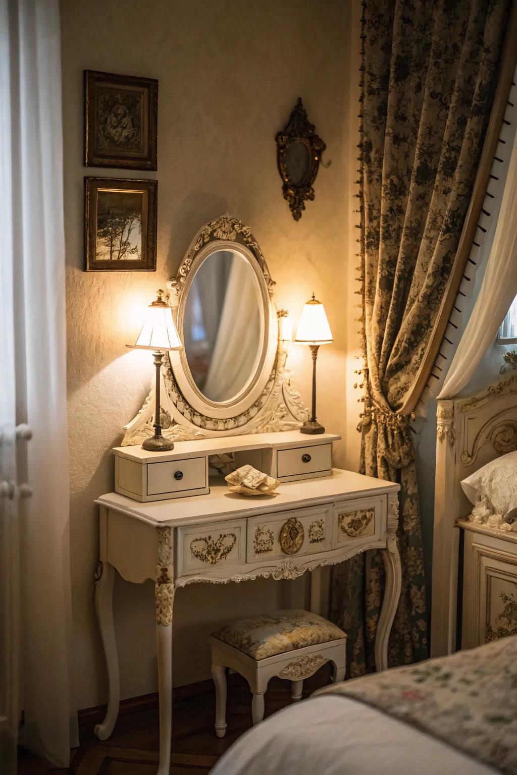 An ornate reflector enhances every antique vanity with enduring sophistication.
