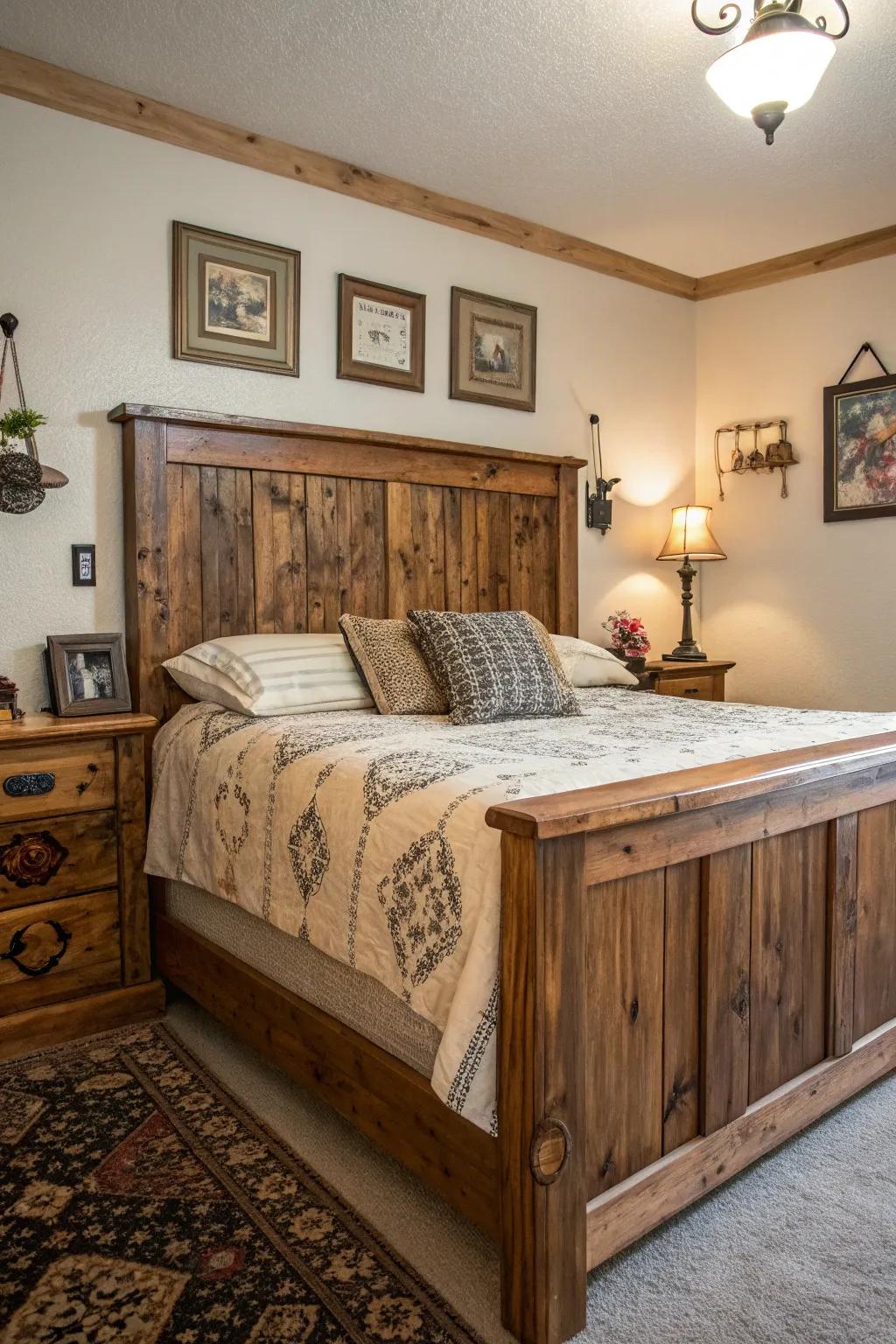 A country timber headboard enriches your bedroom with coziness and allure.