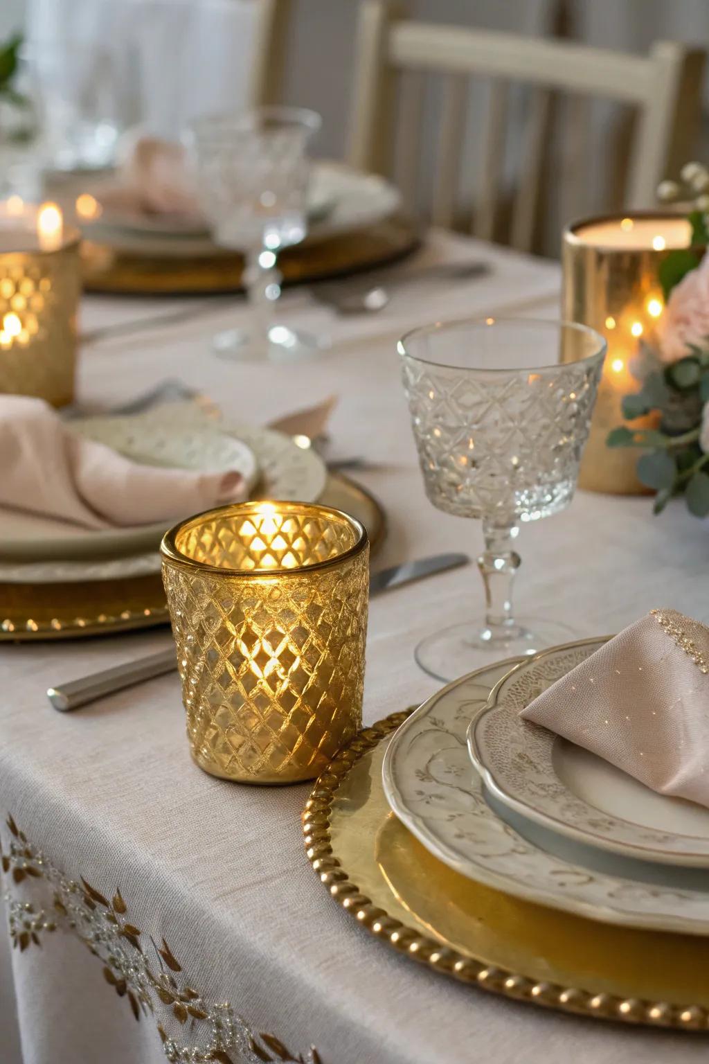 Gold-colored votive stands introduce an element of luxury to any table arrangement.