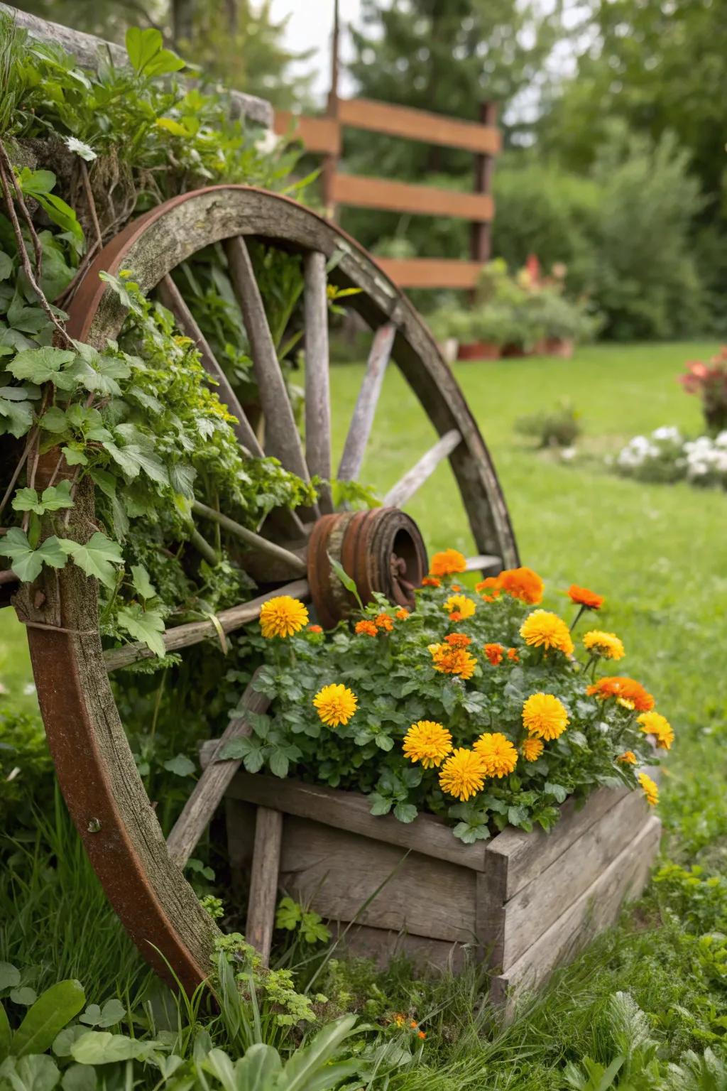 A cart wheel planter enhanced with radiant daffodils and trailing creeper plants.
