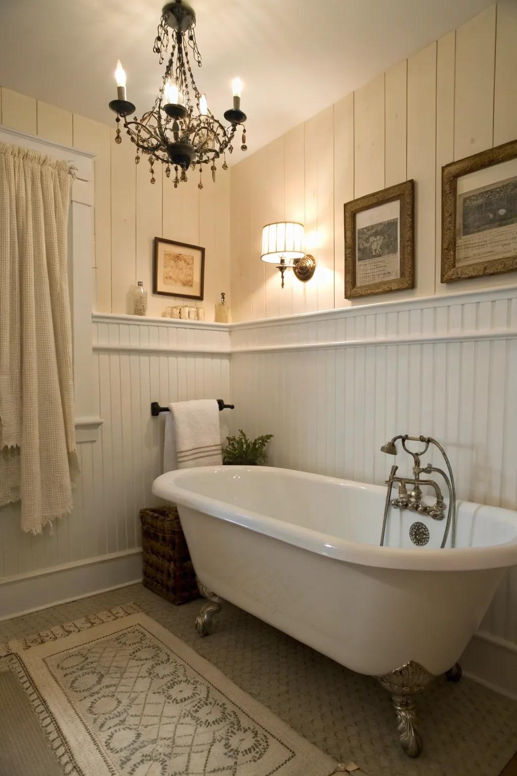 Classic beadboard wainscoting provides a timeless element to any bathroom setting.