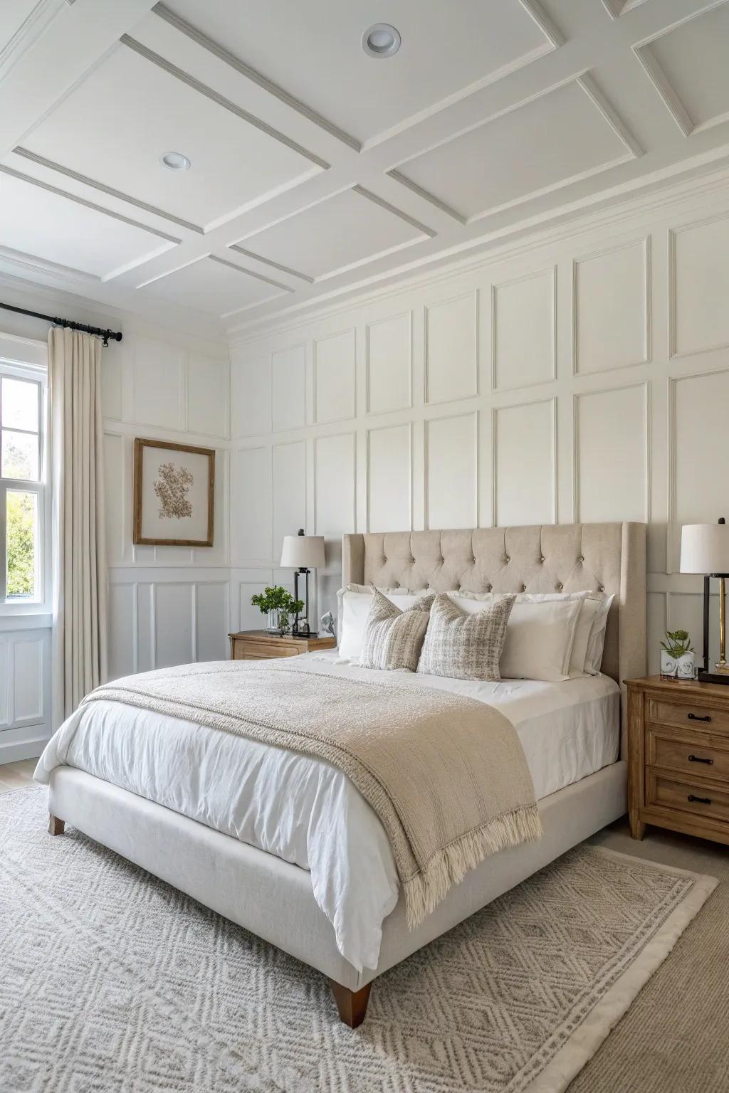 Classic white wainscoting introduces an enduring element to any primary bedroom.