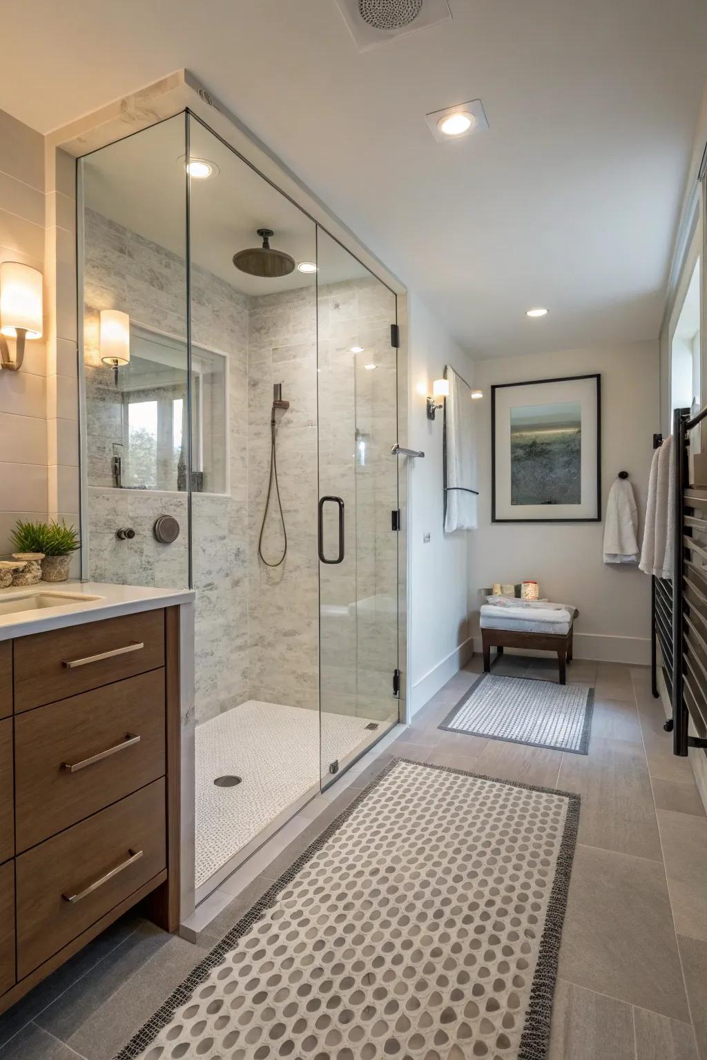 Textured flooring greatly improves shower safety.