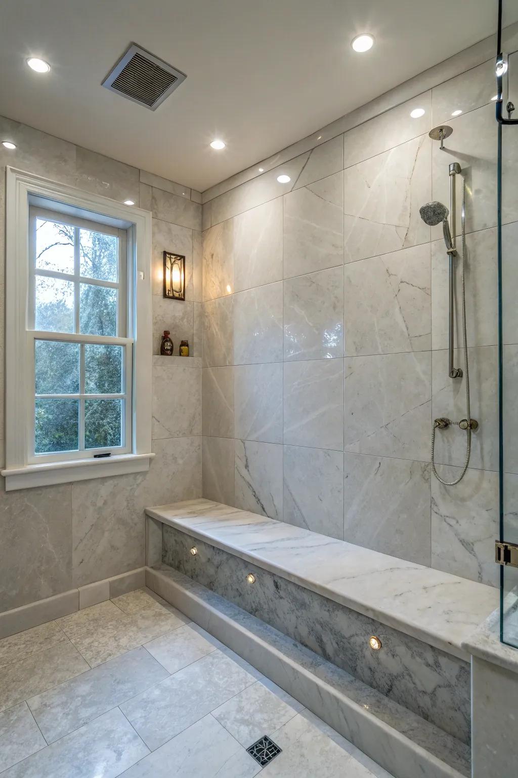 A unified stone bench integrated into the shower wall provides both opulence and utility.