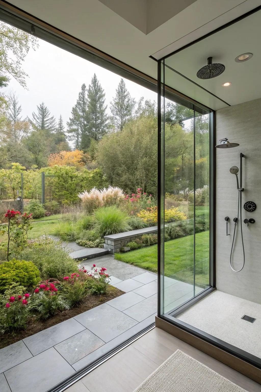 A walk-in shower featuring a large picture window, seamlessly integrating the indoors with the outdoors.