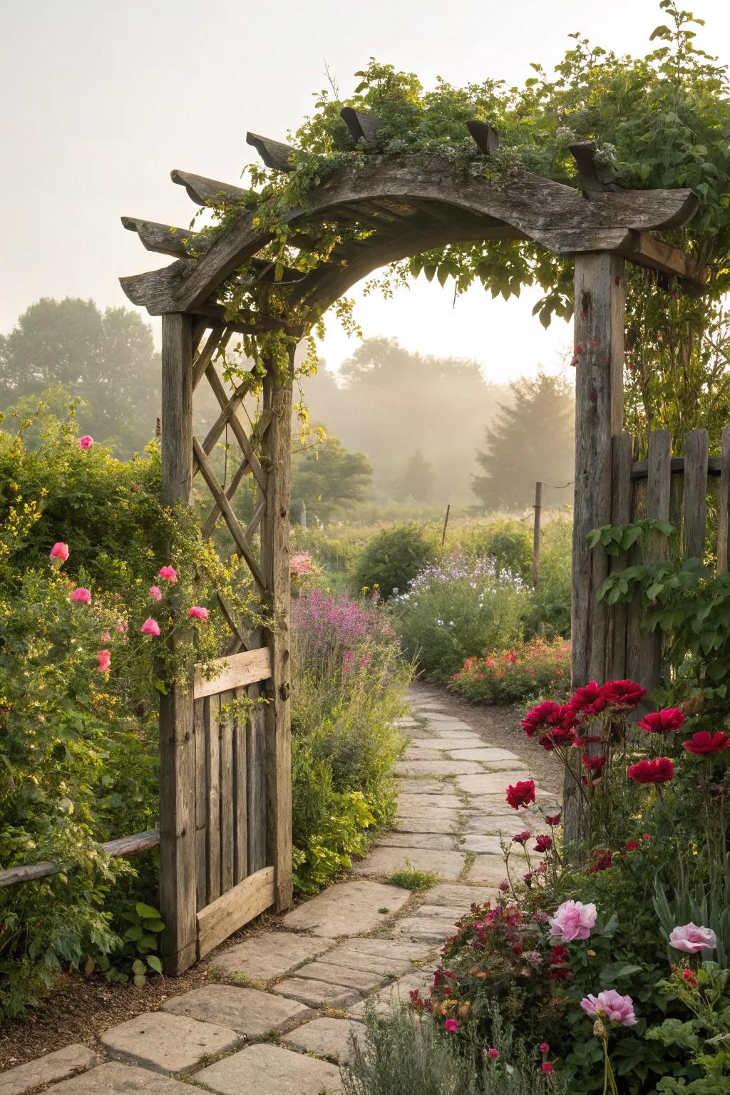 A rustic wooden arch lends enduring appeal to any garden walkway.