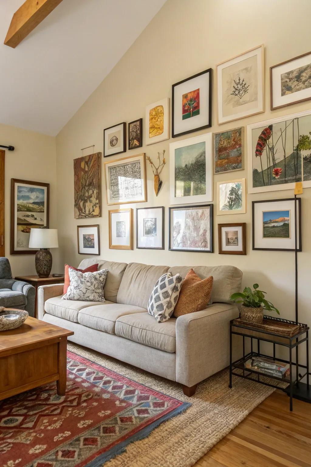 An elegant gallery wall showcasing a diverse blend of art and frames.