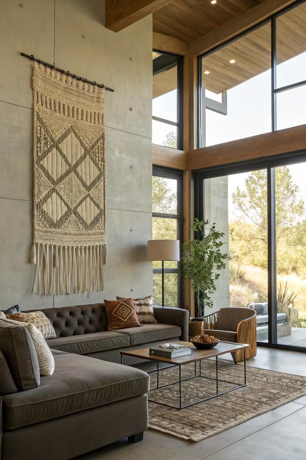 Woven art on the wall enriches any space with warmth and texture.