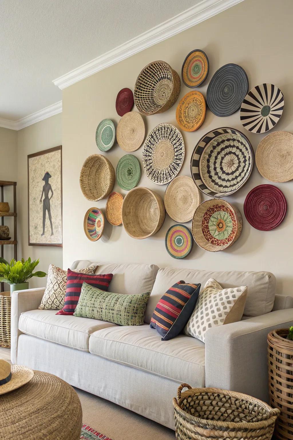 A gallery wall of baskets brings texture and warmth to any space.