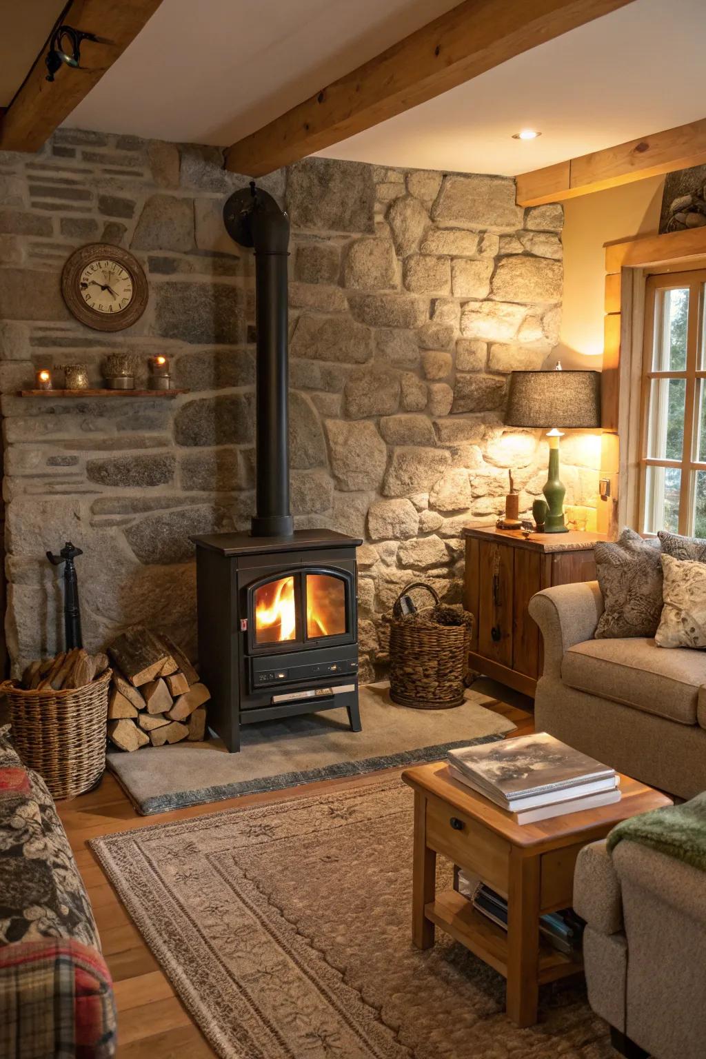 Stone surfaces contribute rustic appeal and excellent heat resistance.