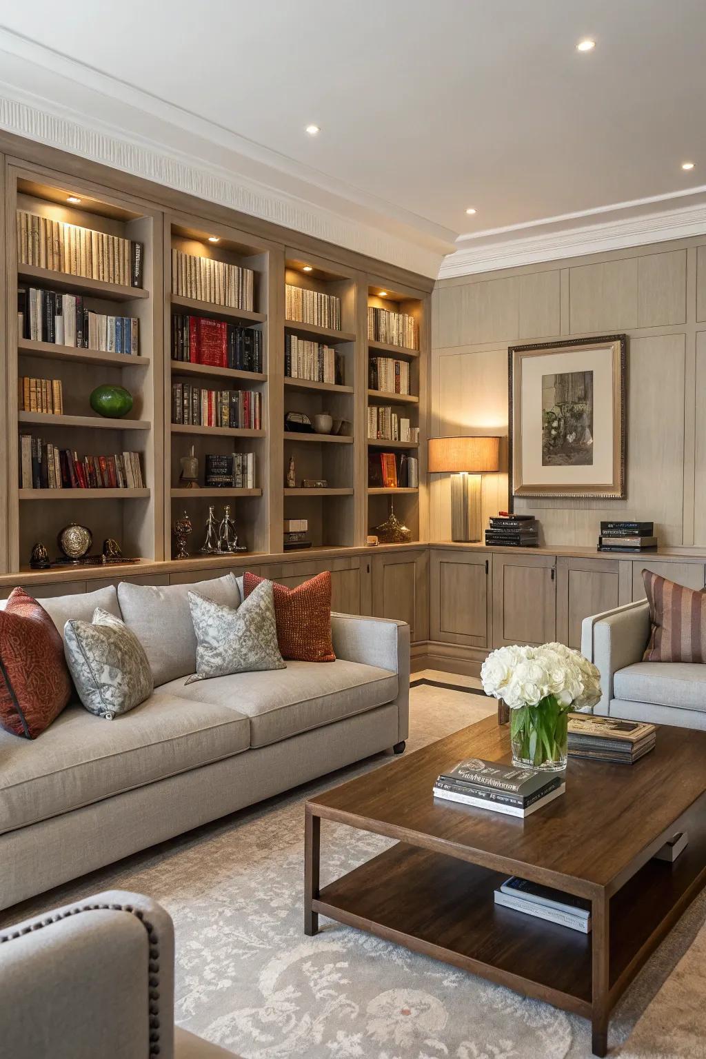 Seamless integration of bookshelves in your living area crafts a balanced and stylish ambiance.