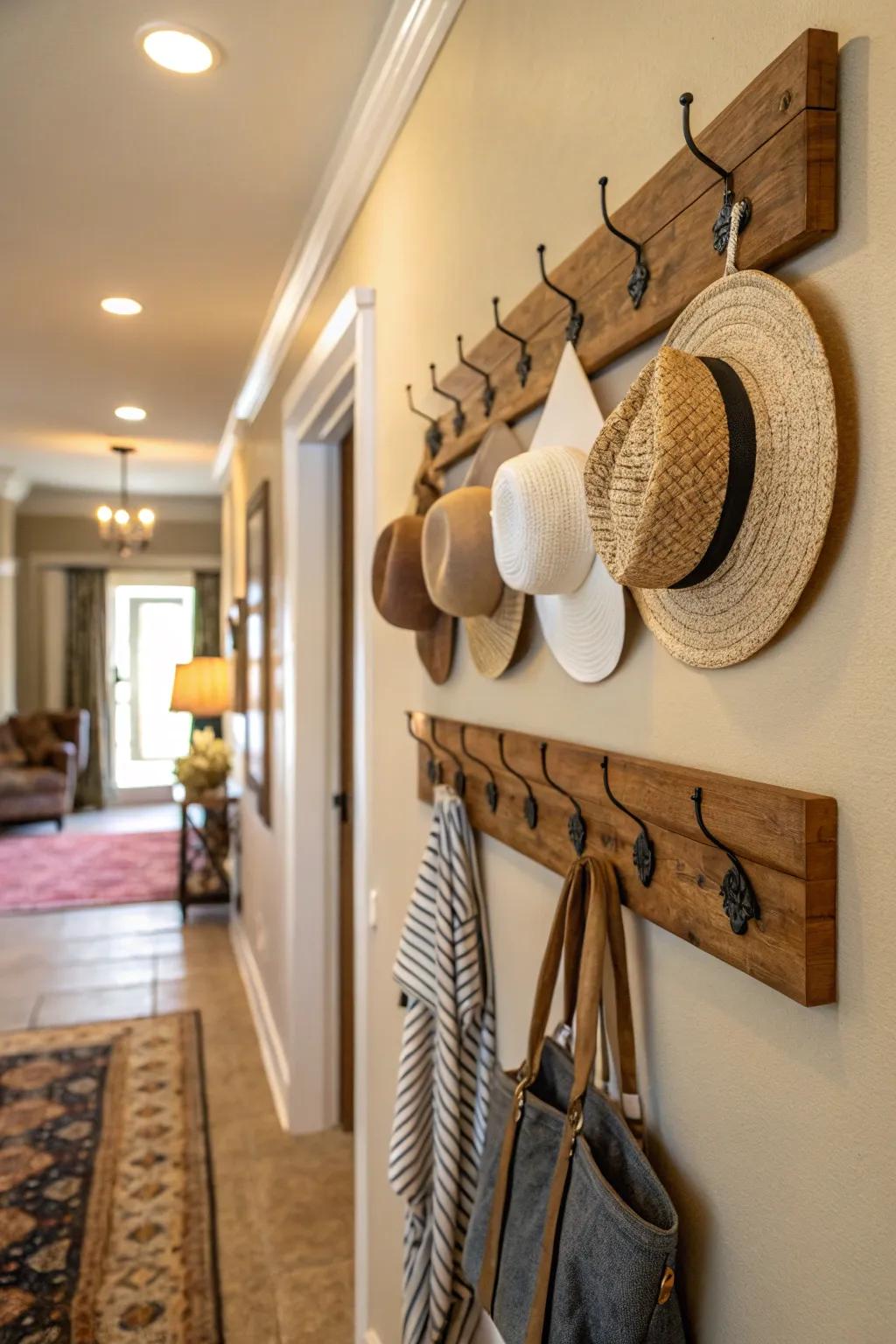 A welcoming entryway featuring a timberline hook rack displaying hats in a vertical arrangement