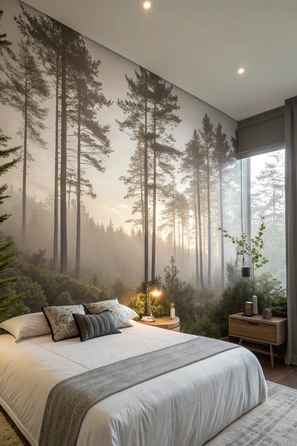 Build a tranquil sanctuary with a forest wall mural in your bedroom.