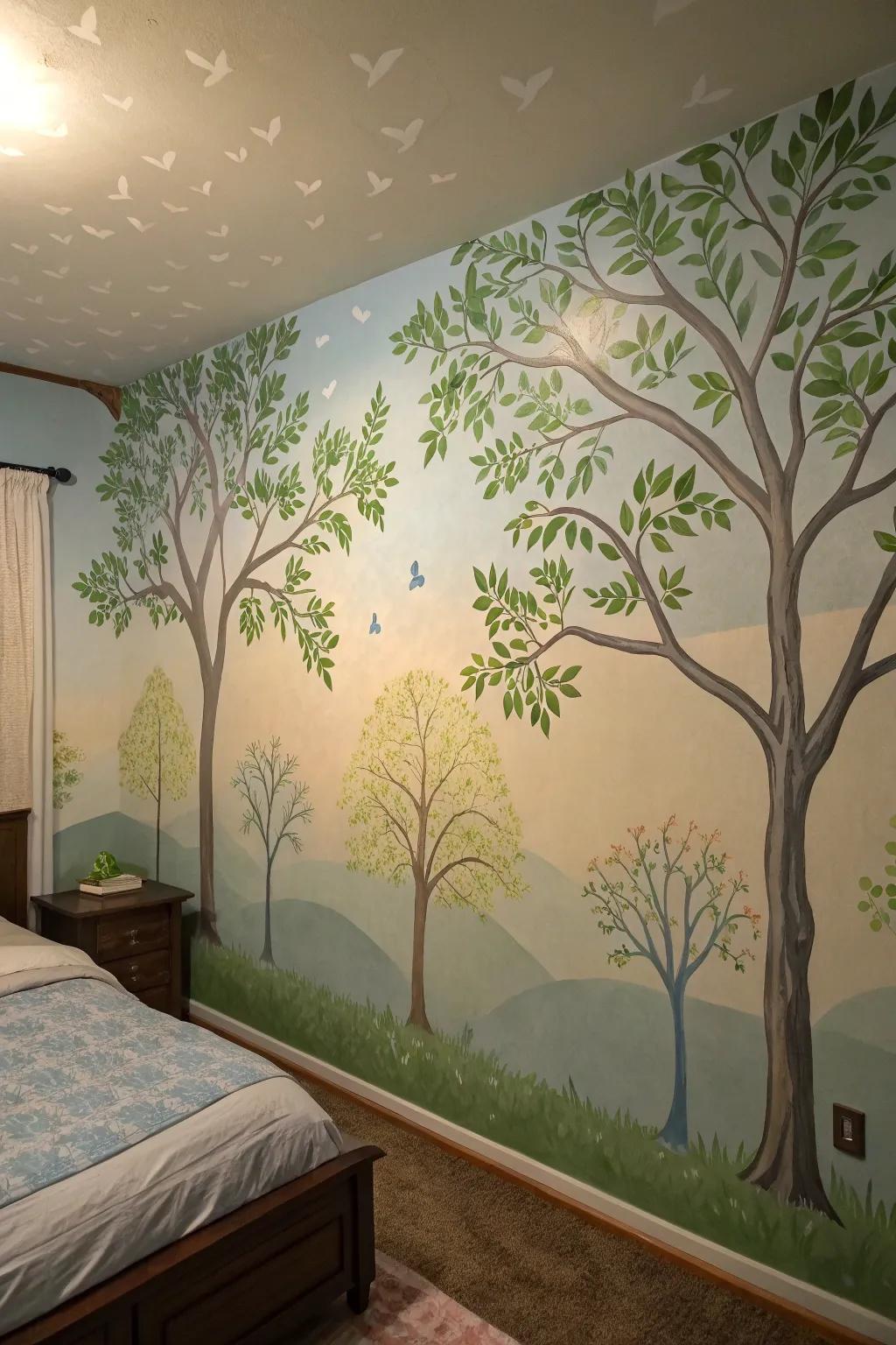 A serene nature mural enhances a bedroom's tranquility.