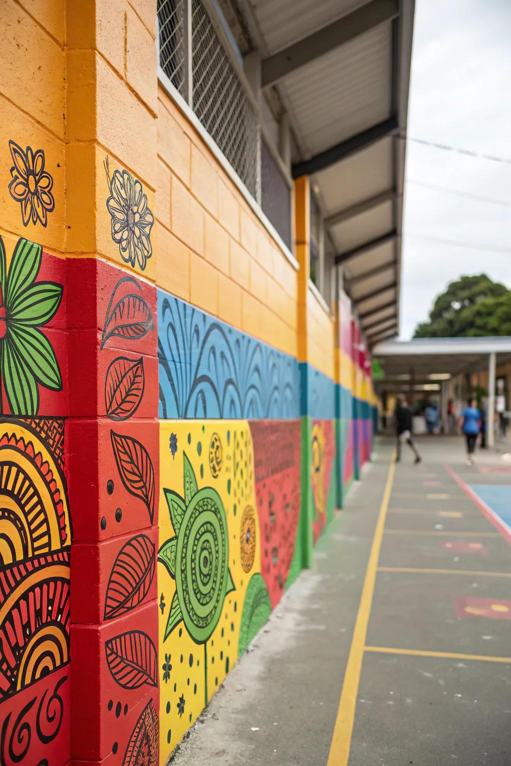 A school wall decorated with lively colors and designs