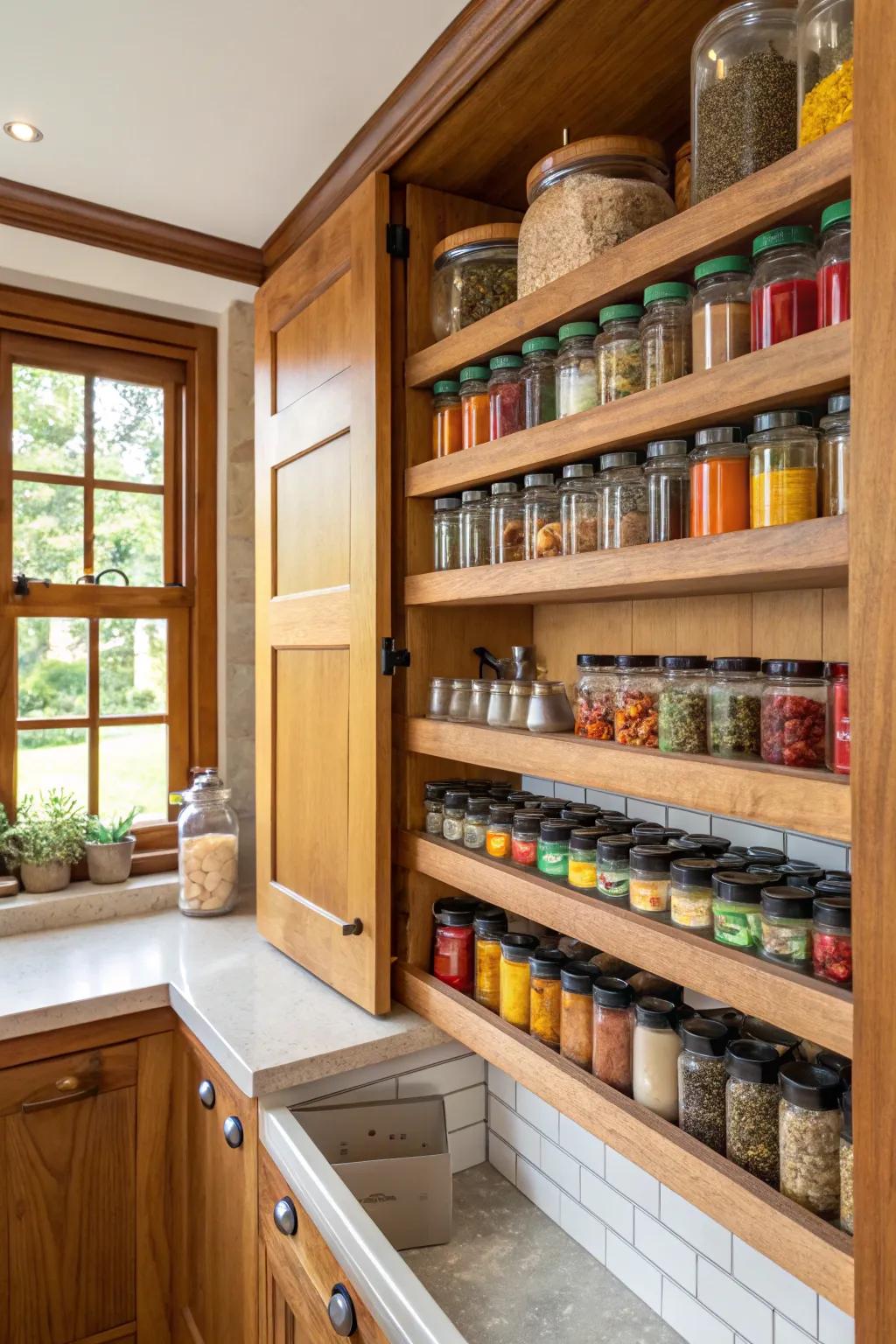 Open shelving brings a touch of rustic elegance to your spice presentation.