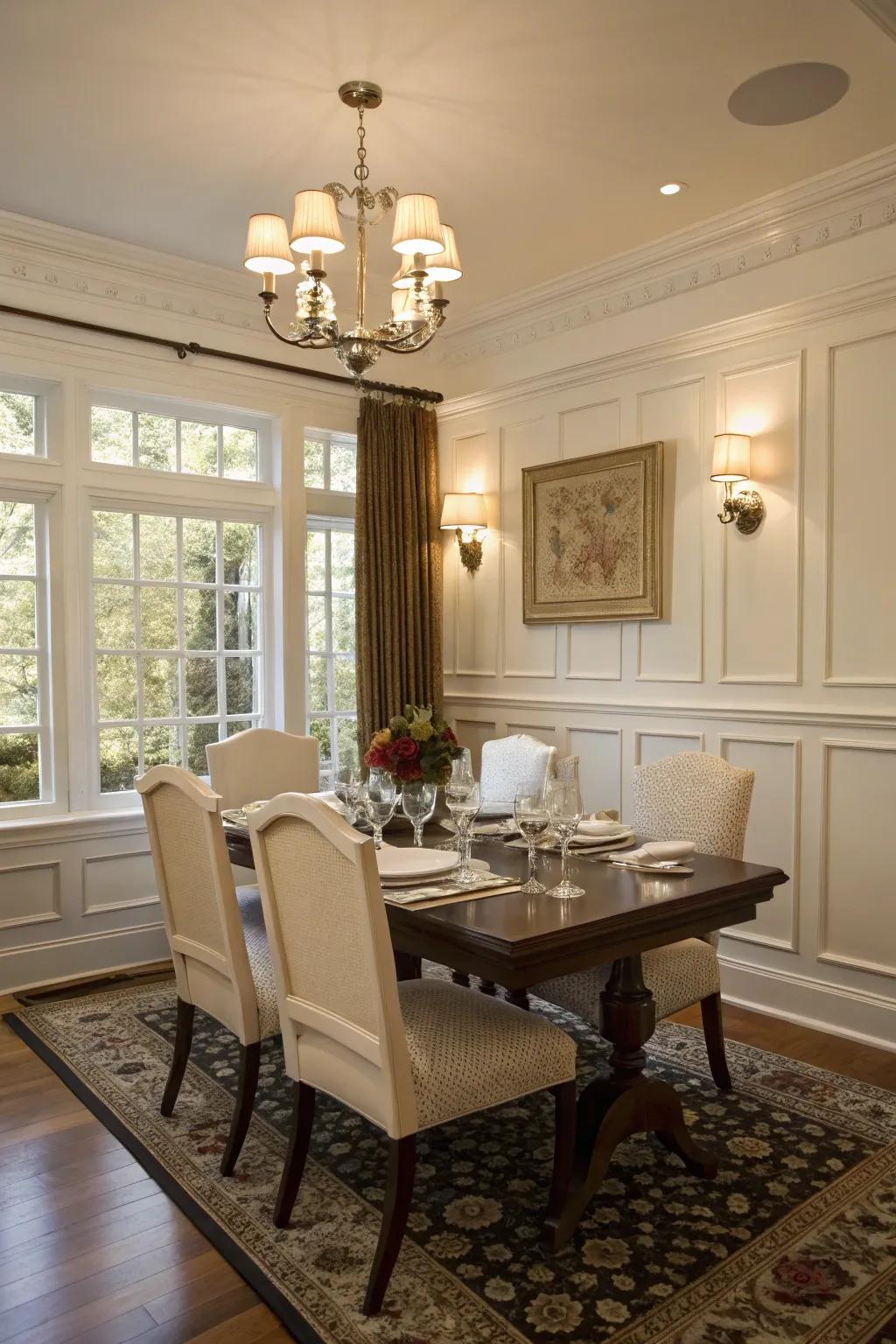 Elegant paneling gives a sophisticated feel to this dining space.