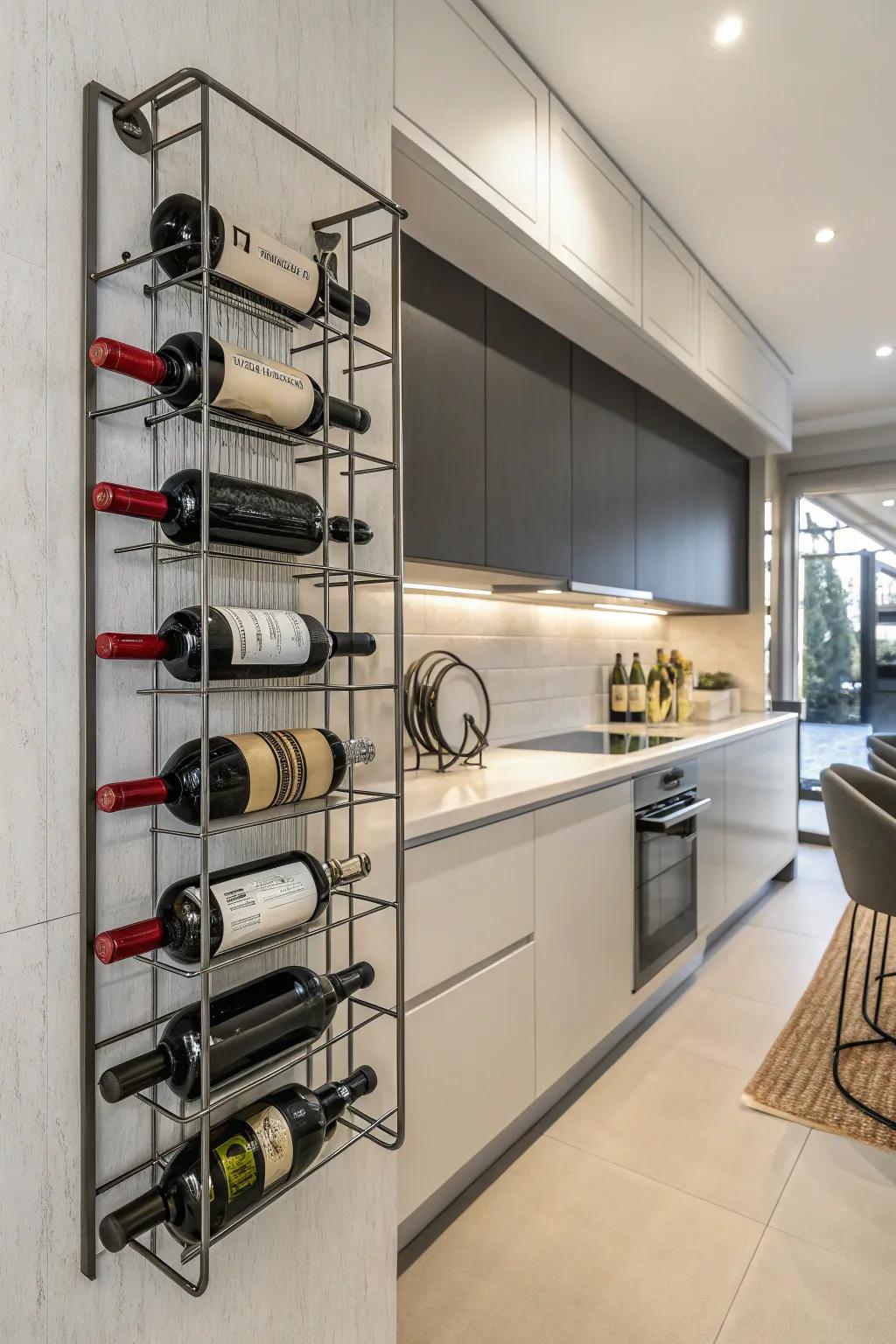 Metal wine fixtures introduce an elegant touch to contemporary kitchens.