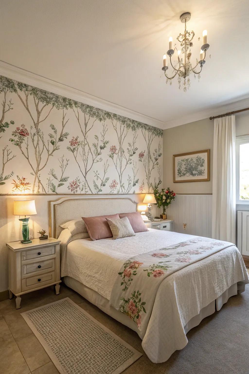 A serene bedroom enhanced by a botanical wallpaper border.