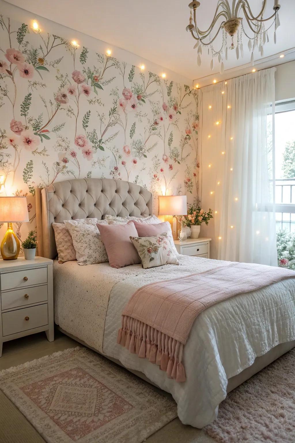 Floral wallpaper fashions a serene and sophisticated bedroom sanctuary.