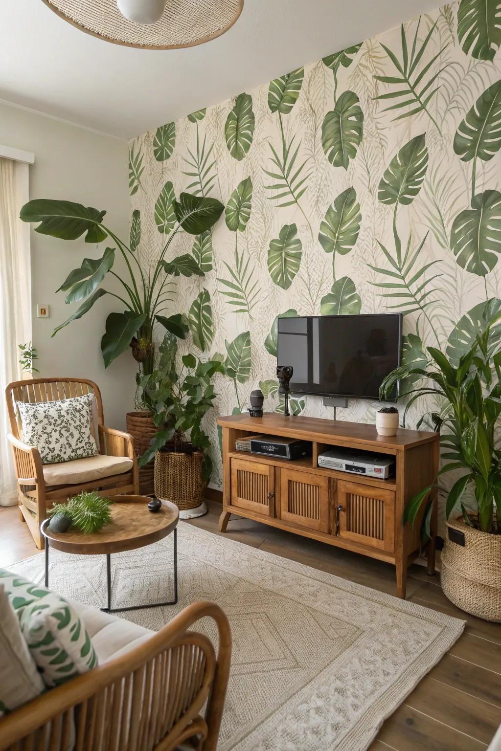 Celebrate nature with botanical wallpaper for a revitalized living room setting.