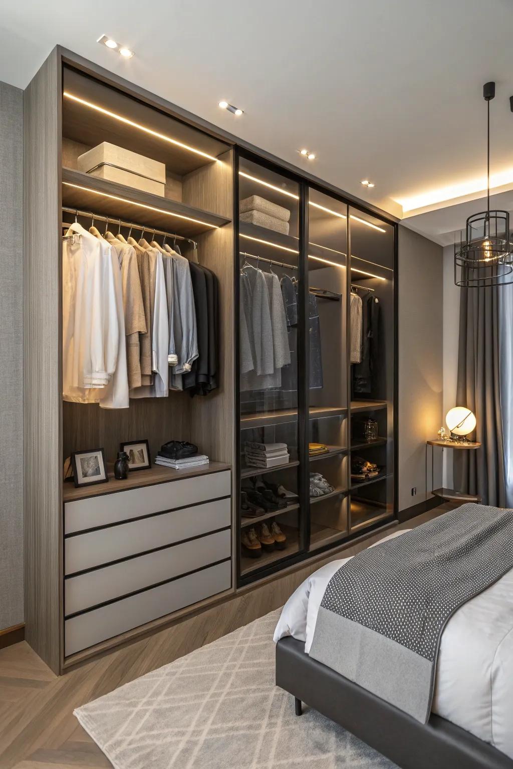 The pairing of open shelving and hanging rods offers an ideal mix of accessibility and style.