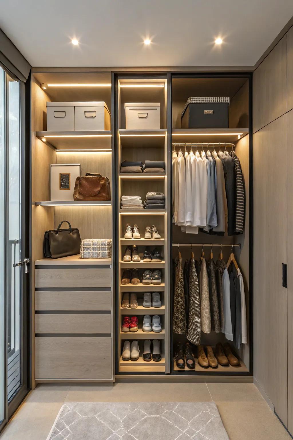 Highly adaptable shelving offers a dynamic solution for wardrobe interiors.