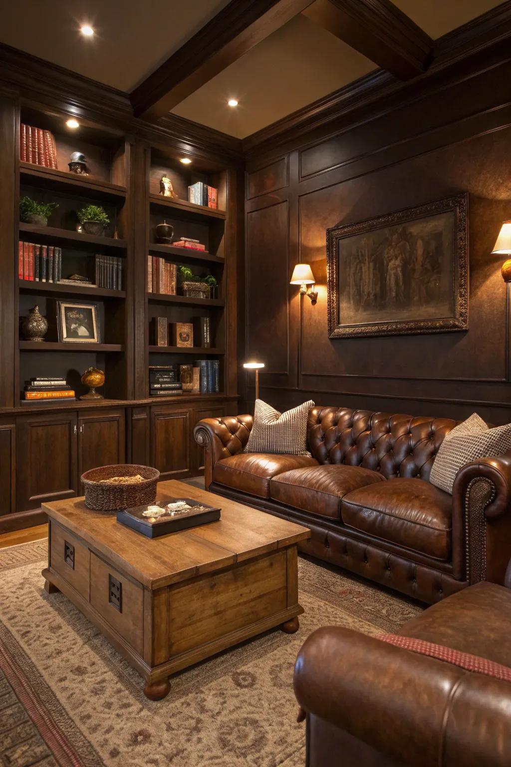 Deep earth tones introduce richness and coziness to a masculine living room.