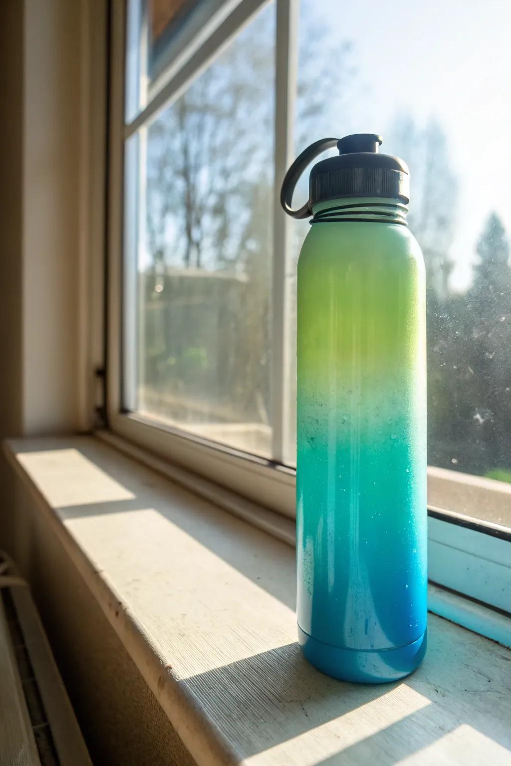 A hydration bottle showcasing a vivid gradient from blue to green.