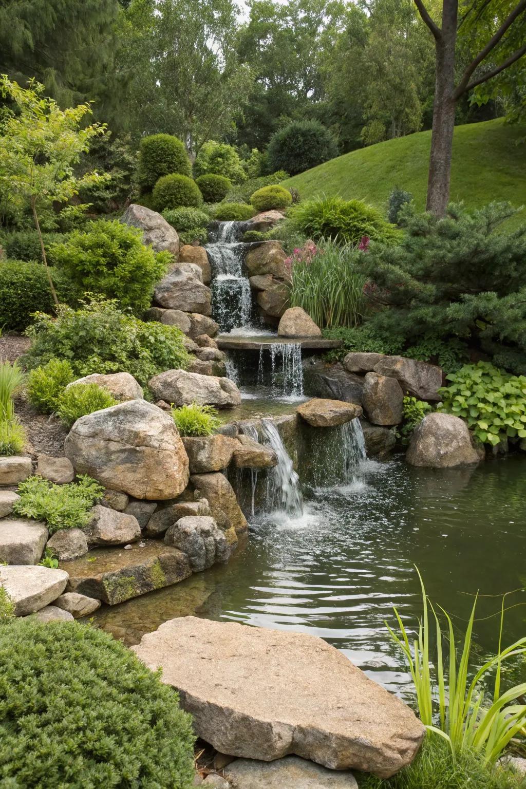 A cascading stones water feature incorporates a natural element to your outdoor space.