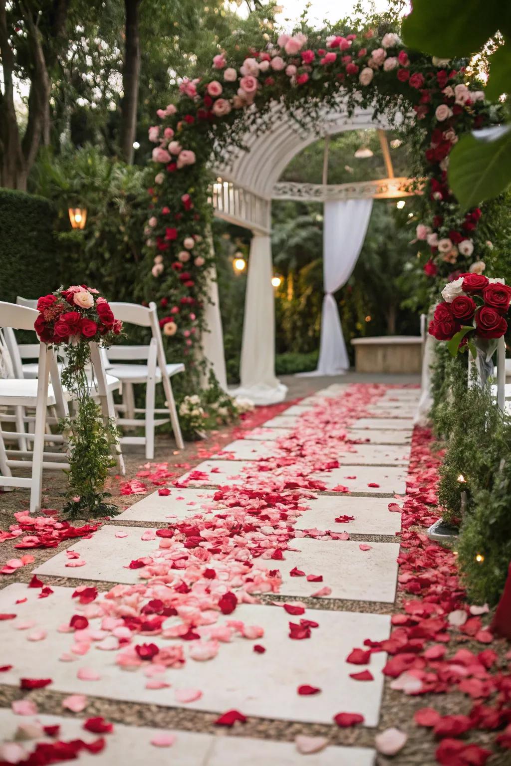 A dreamy walk down a romantic aisle with vibrant rose petals.