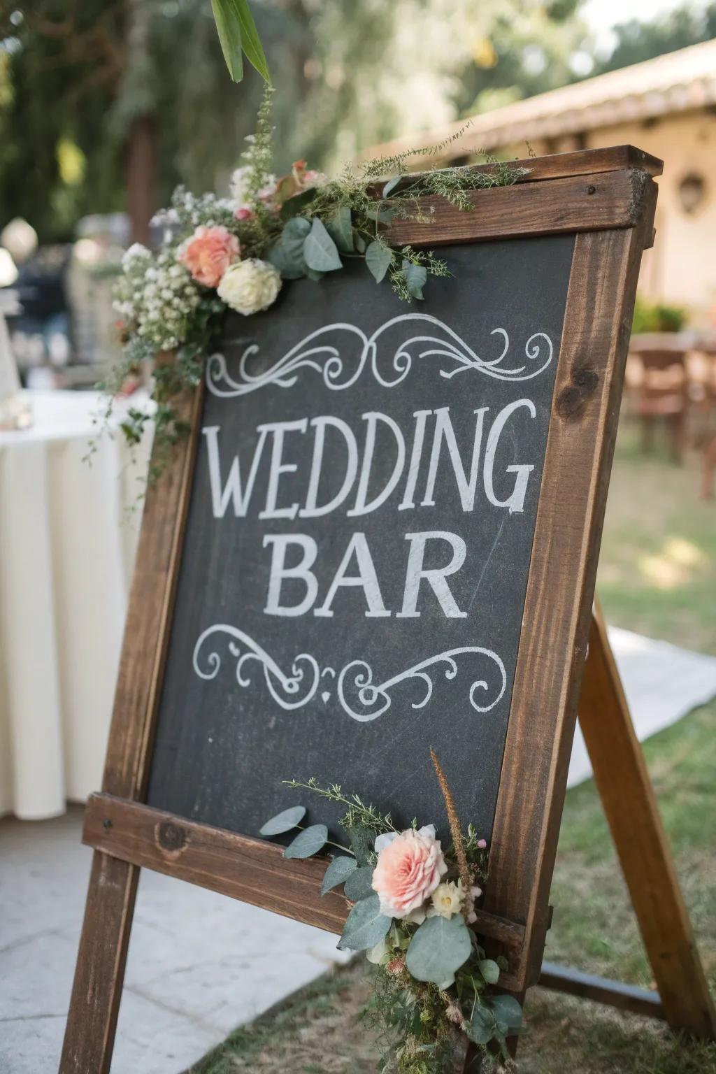 A delightful chalkboard bar sign featuring playful text and botanical accents.