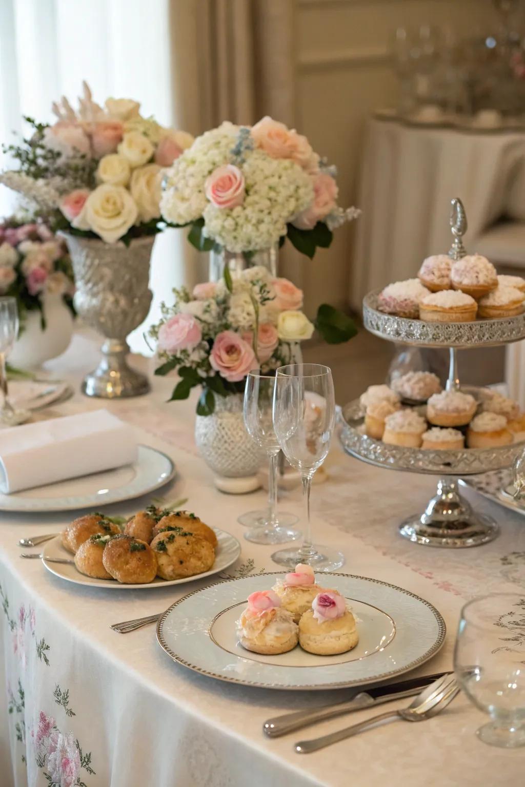 A beautifully arranged table with fresh flowers and various breakfast selections.