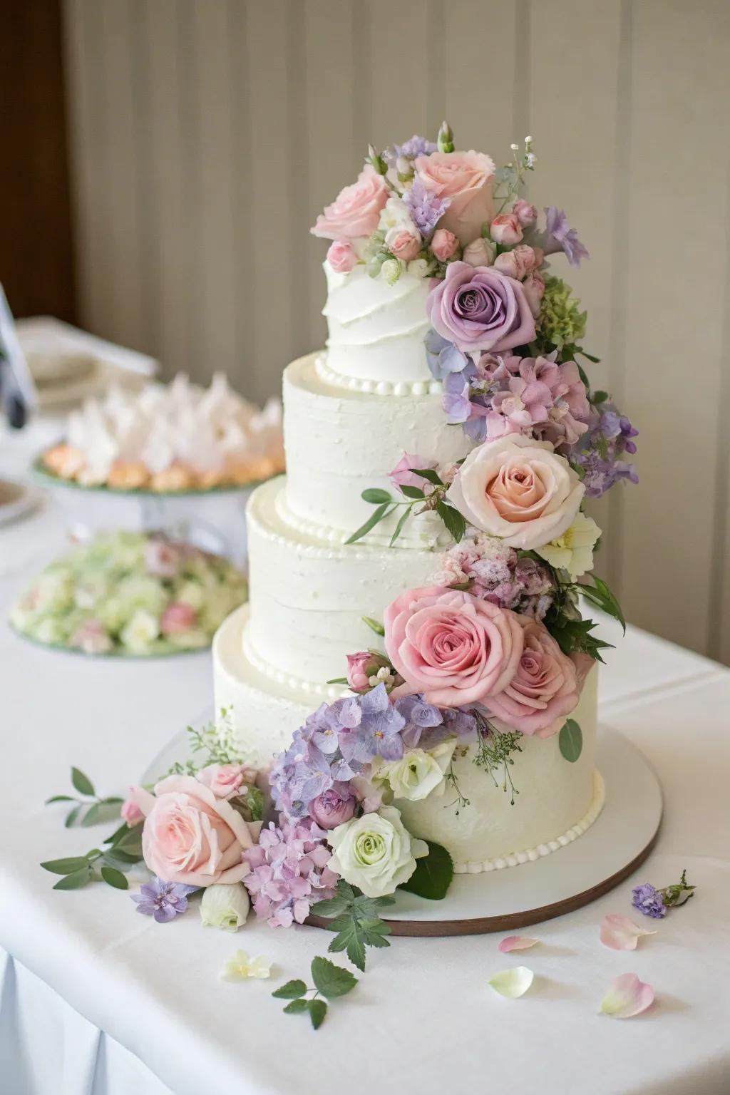 A wedding cake decorated with cascading fresh flowers for a hint of classic charm.