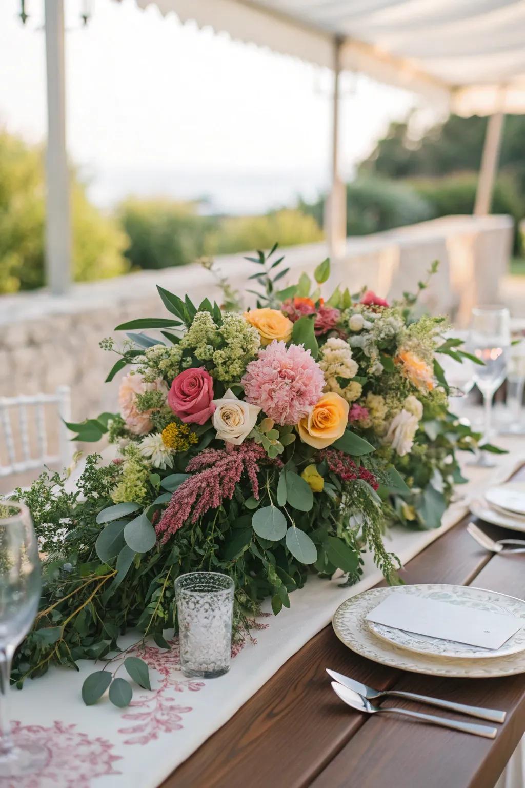 A wedding table showcases a lush floral centerpiece, evoking a garden atmosphere.
